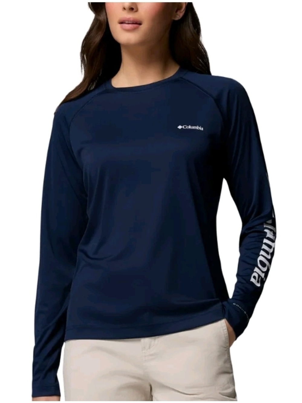 Columbia Women's Long Sleeve Performance Tee in Navy with Sleeve Logo